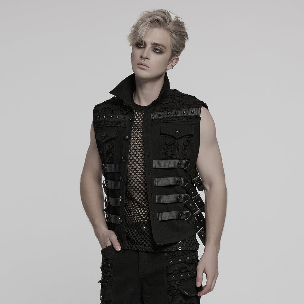PUNK RAVE Men's Cyberpunk Buckle Straps Mesh Splice Studded Vest