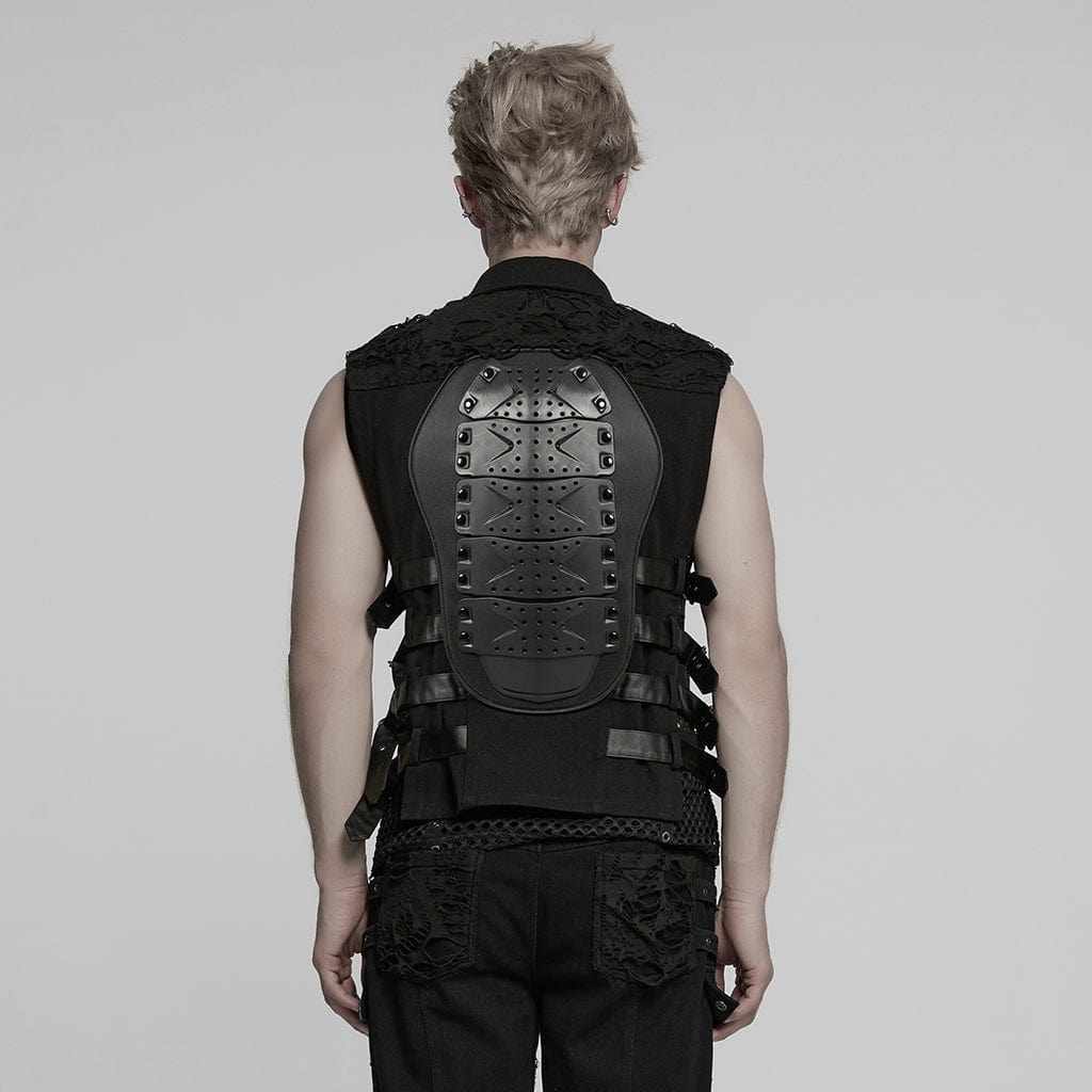 PUNK RAVE Men's Cyberpunk Buckle Straps Mesh Splice Studded Vest