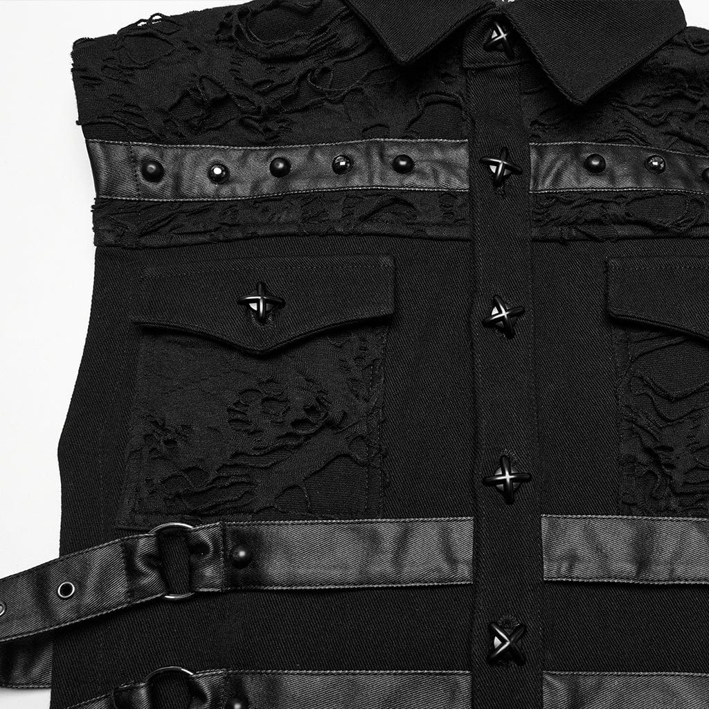 PUNK RAVE Men's Cyberpunk Buckle Straps Mesh Splice Studded Vest