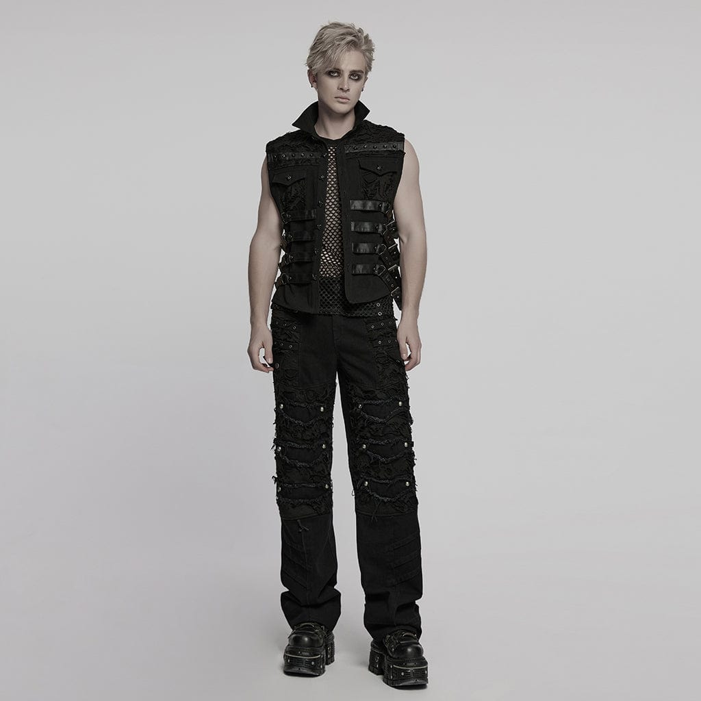 PUNK RAVE Men's Cyberpunk Buckle Straps Mesh Splice Studded Vest