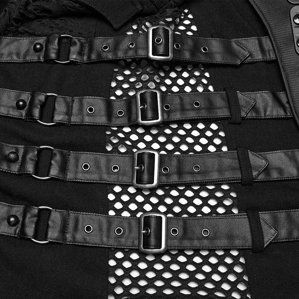 PUNK RAVE Men's Cyberpunk Buckle Straps Mesh Splice Studded Vest