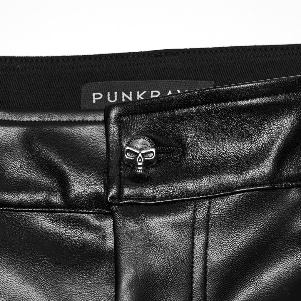 PUNK RAVE Men's Cyberpunk Eyelet Strap Zip Faux Leather Pants