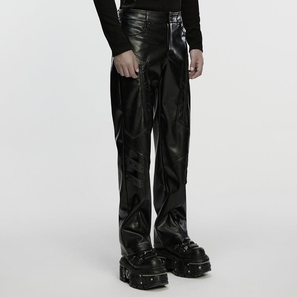 PUNK RAVE Men's Cyberpunk Eyelet Strap Zip Faux Leather Pants