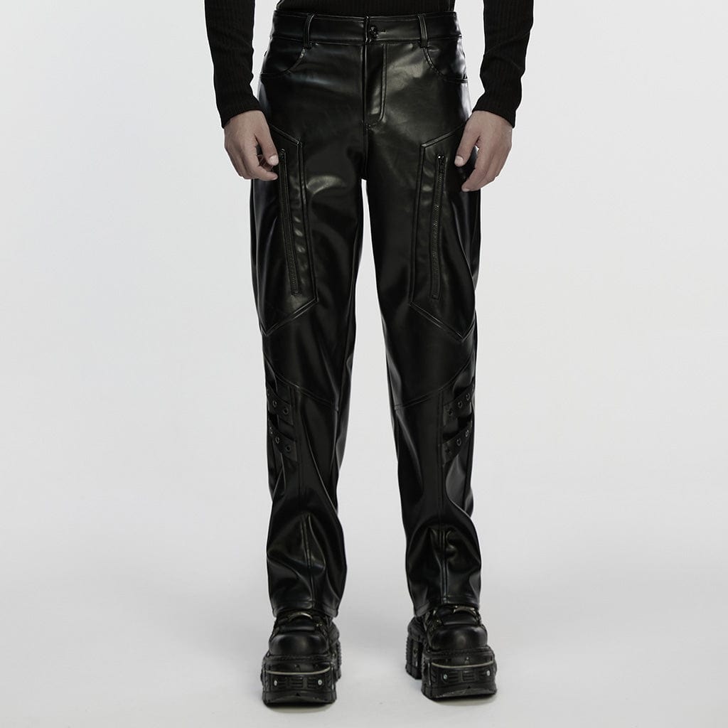 PUNK RAVE Men's Cyberpunk Eyelet Strap Zip Faux Leather Pants