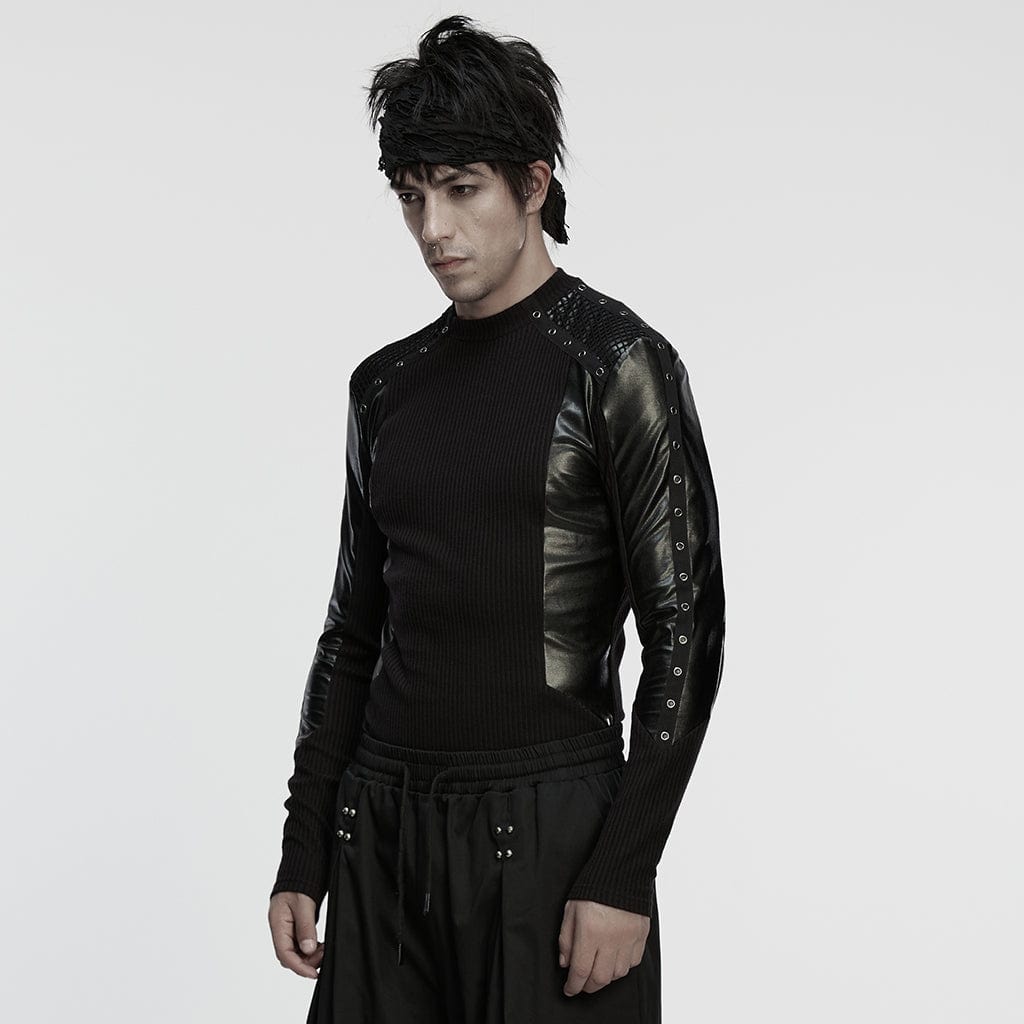 PUNK RAVE Men's Cyberpunk Eyelets Splice Long Sleeved T-shirt