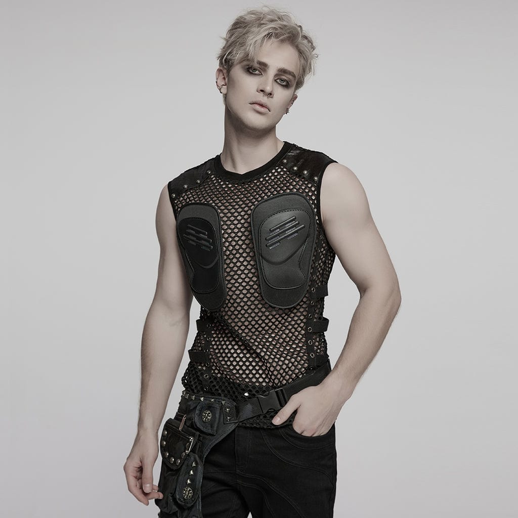 PUNK RAVE Men's Cyberpunk Faux Leather Splice Mesh Sheer Vest