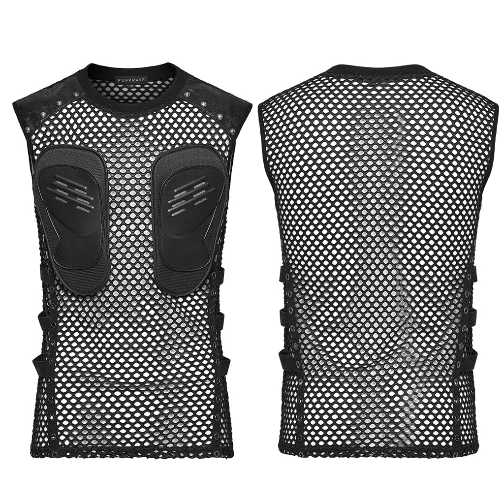 PUNK RAVE Men's Cyberpunk Faux Leather Splice Mesh Sheer Vest