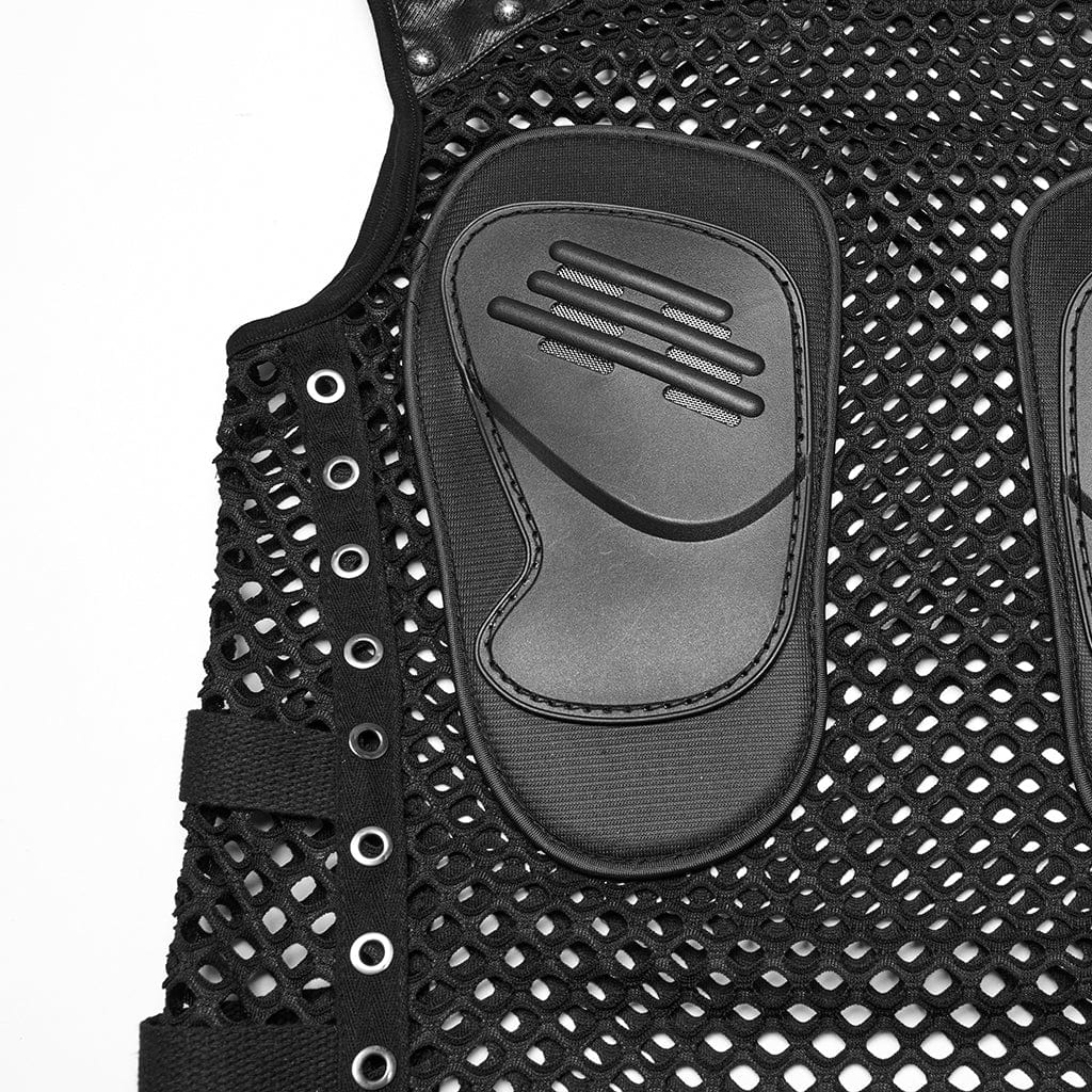 PUNK RAVE Men's Cyberpunk Faux Leather Splice Mesh Sheer Vest