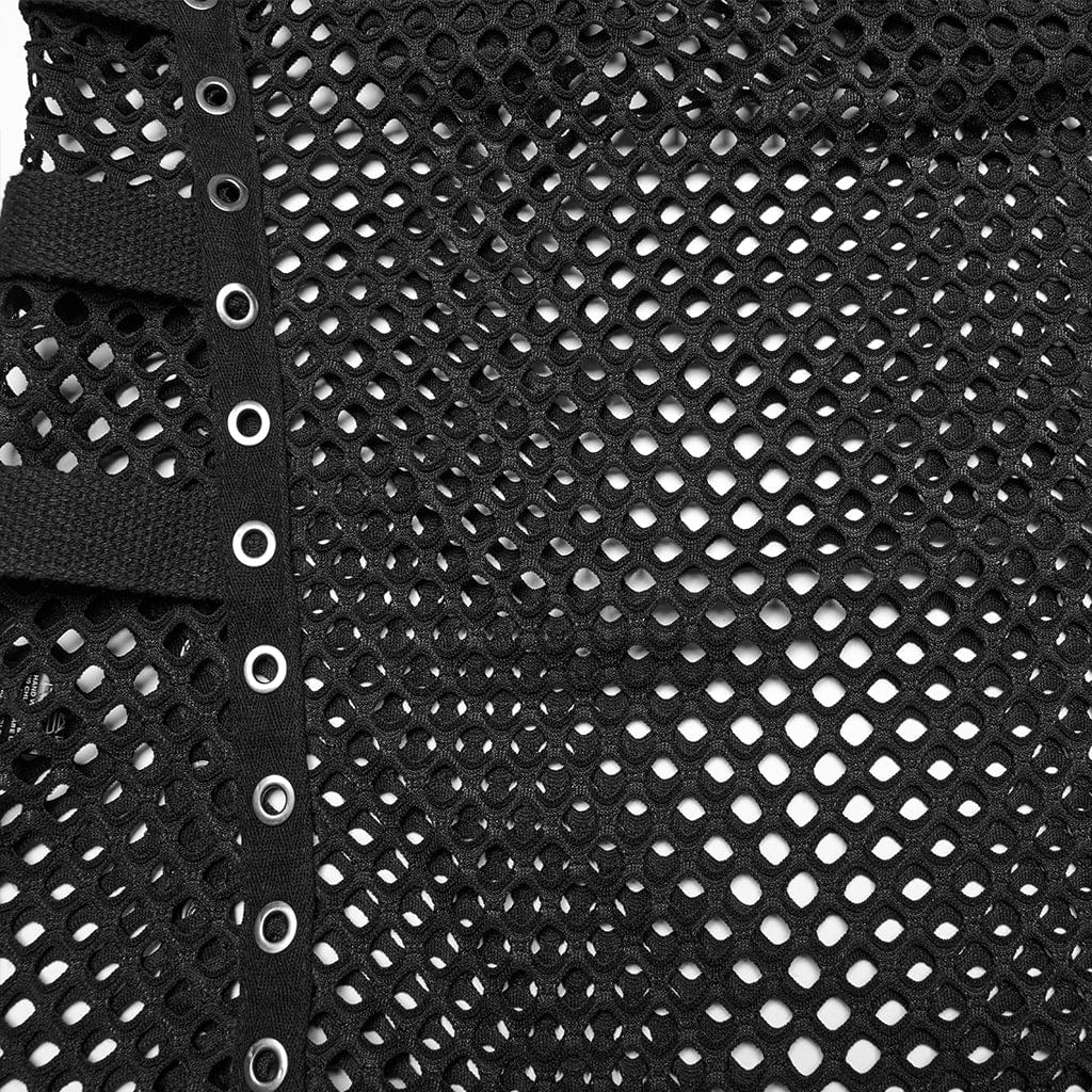 PUNK RAVE Men's Cyberpunk Faux Leather Splice Mesh Sheer Vest