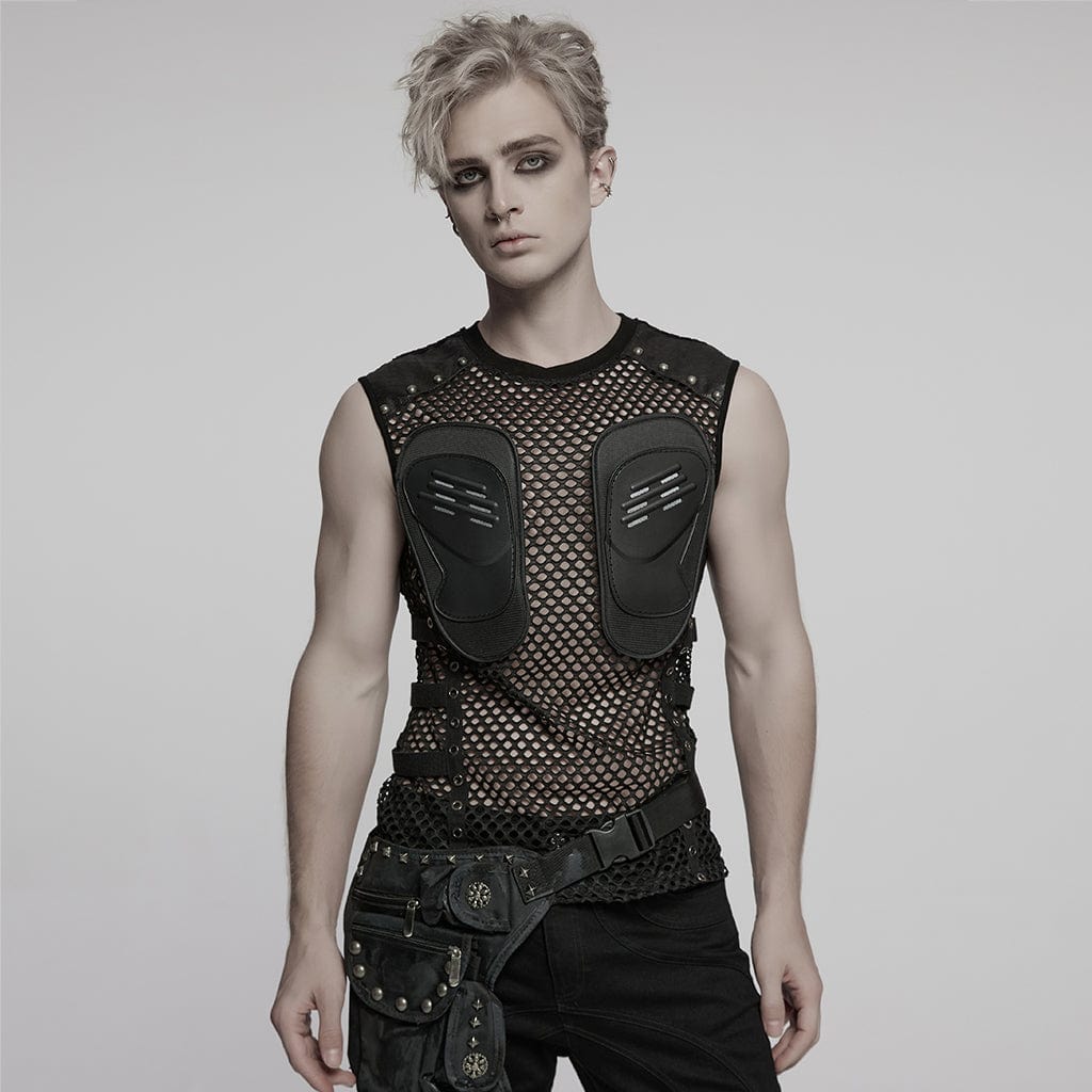 PUNK RAVE Men's Cyberpunk Faux Leather Splice Mesh Sheer Vest