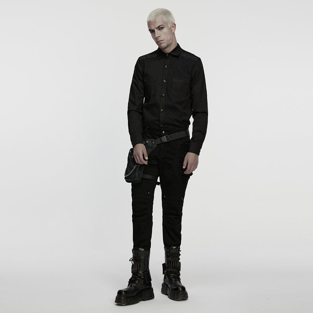 PUNK RAVE Men's Cyberpunk Ripped Turn-down Collar Shirt