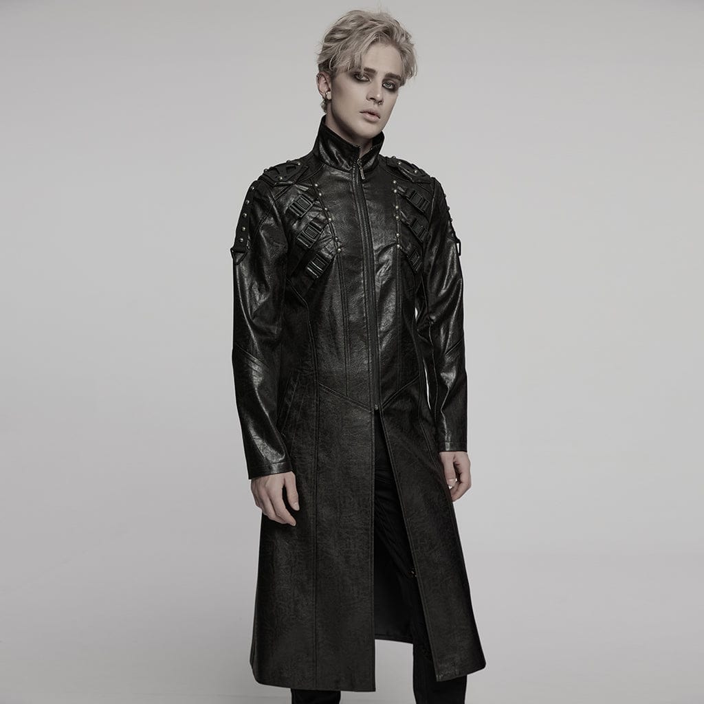 PUNK RAVE Men's Cyberpunk Stand Collar Buckle Faux Leather Coat