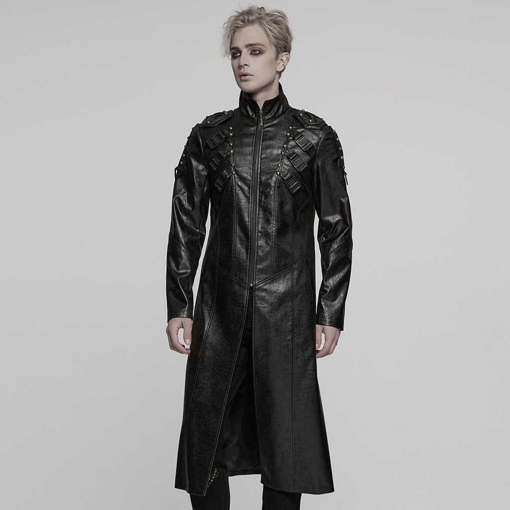 PUNK RAVE Men's Cyberpunk Stand Collar Buckle Faux Leather Coat