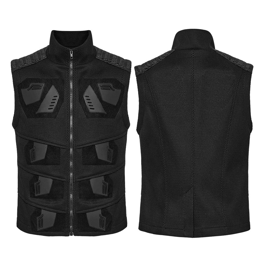 PUNK RAVE Men's Cyberpunk Stand Collar Faux Leather Splice Mesh Vest