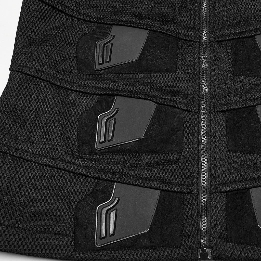 PUNK RAVE Men's Cyberpunk Stand Collar Faux Leather Splice Mesh Vest