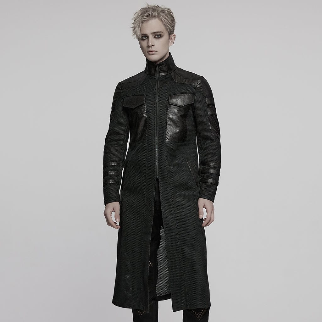 PUNK RAVE Men's Cyberpunk Stand Collar Mesh Splice Faux Leather Coat