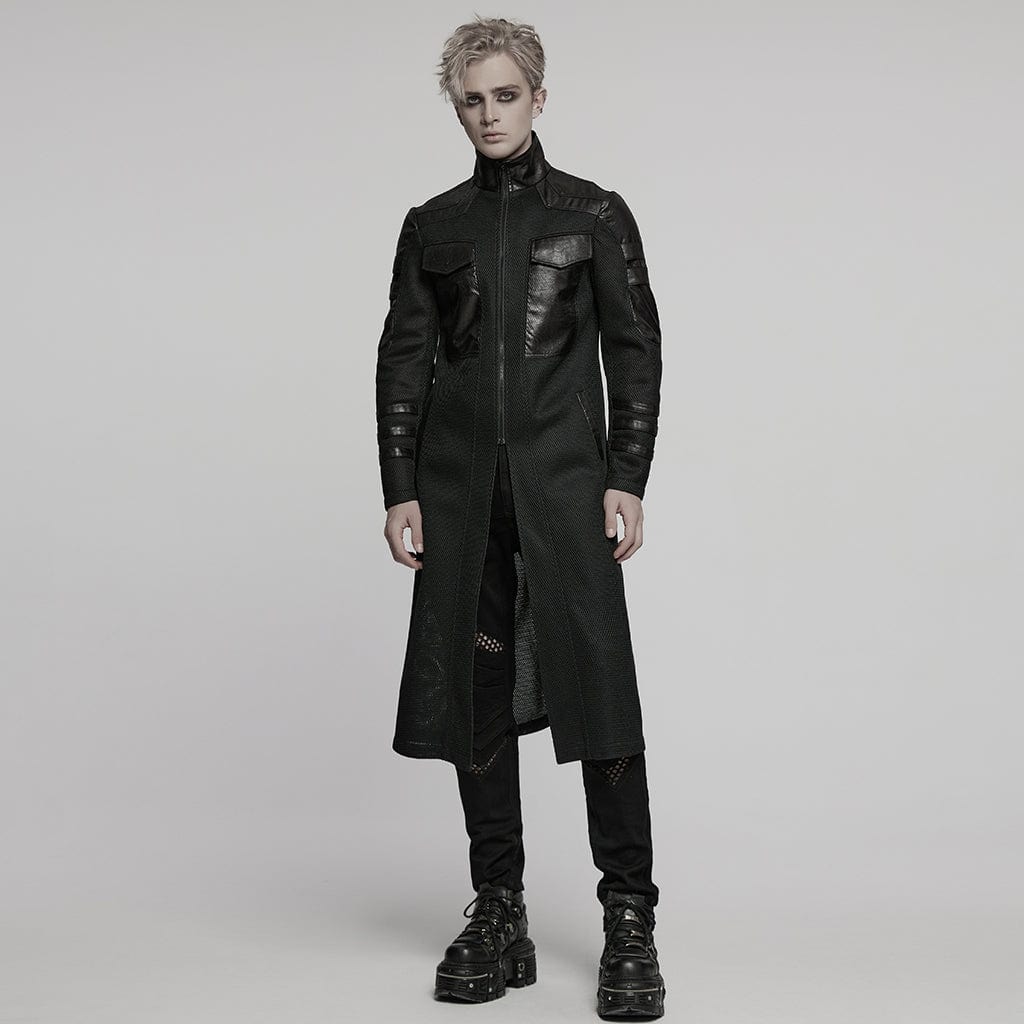 PUNK RAVE Men's Cyberpunk Stand Collar Mesh Splice Faux Leather Coat