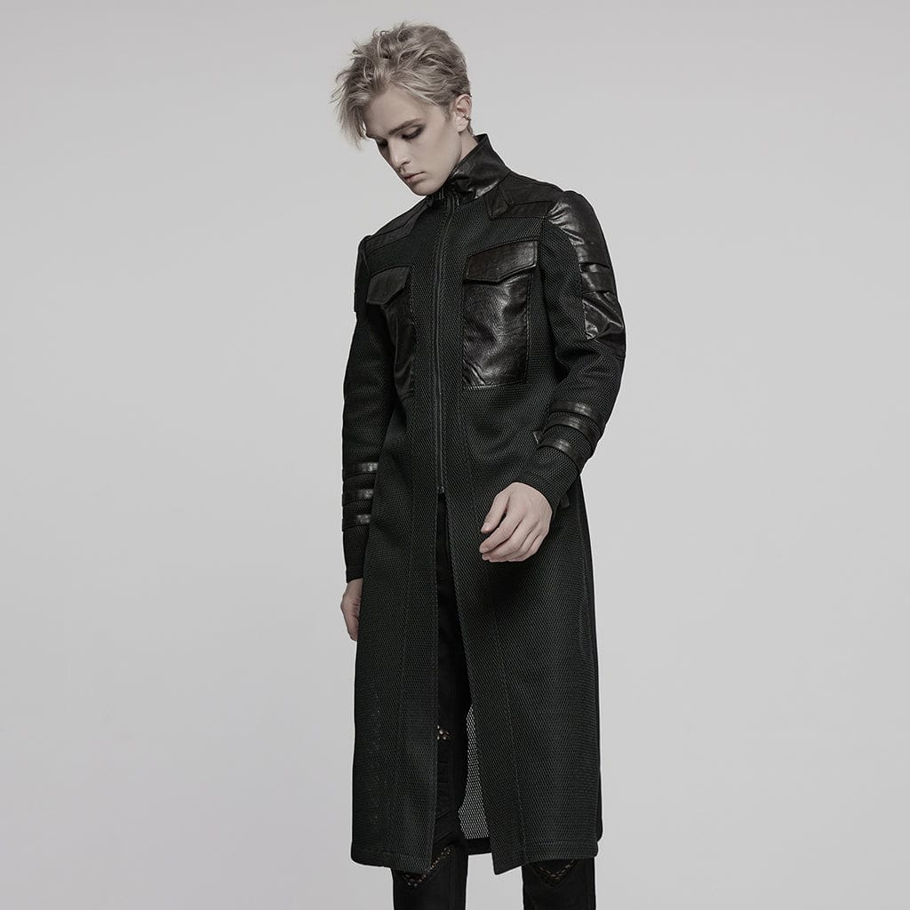 PUNK RAVE Men's Cyberpunk Stand Collar Mesh Splice Faux Leather Coat