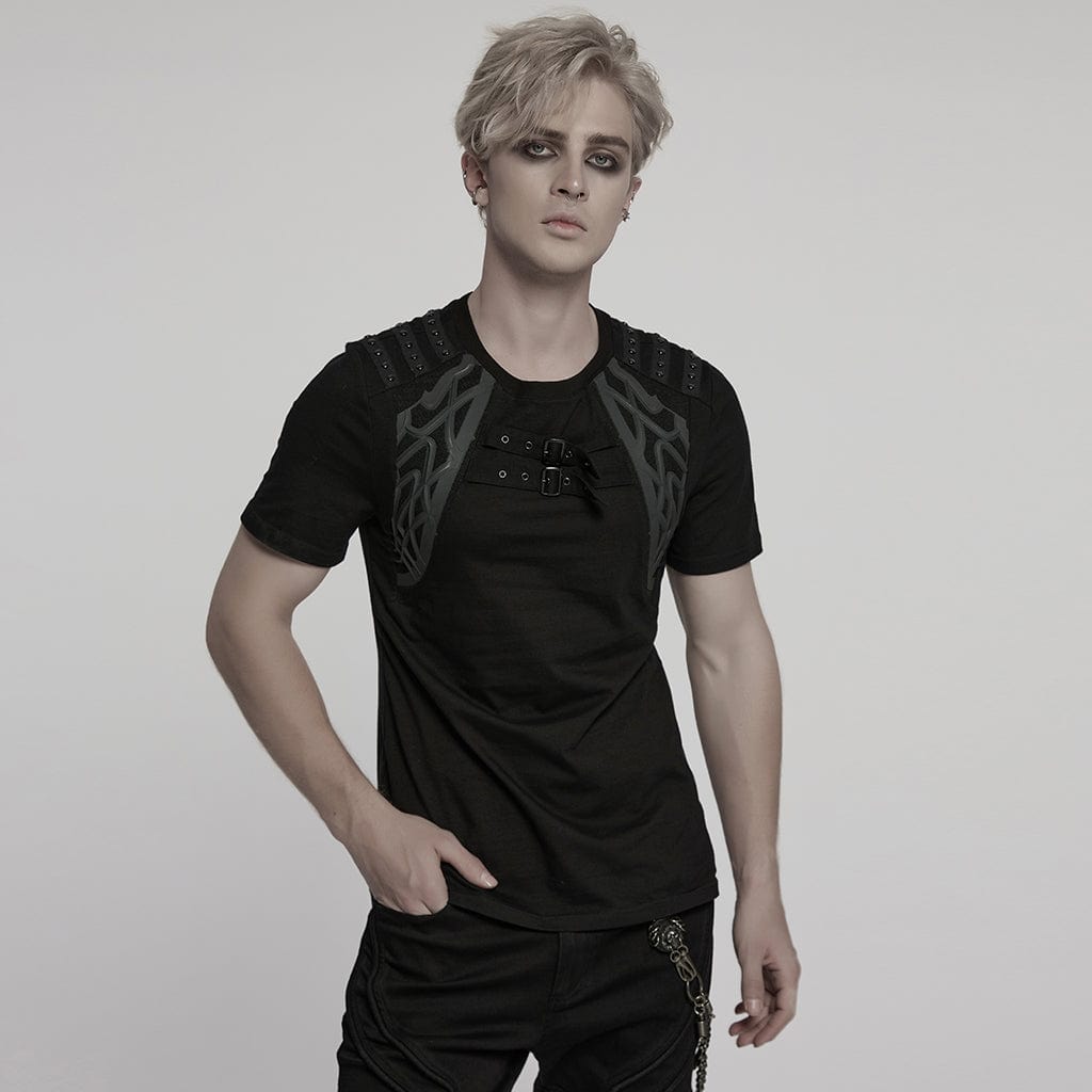 PUNK RAVE Men's Cyberpunk Studded Buckle Strap T-shirt