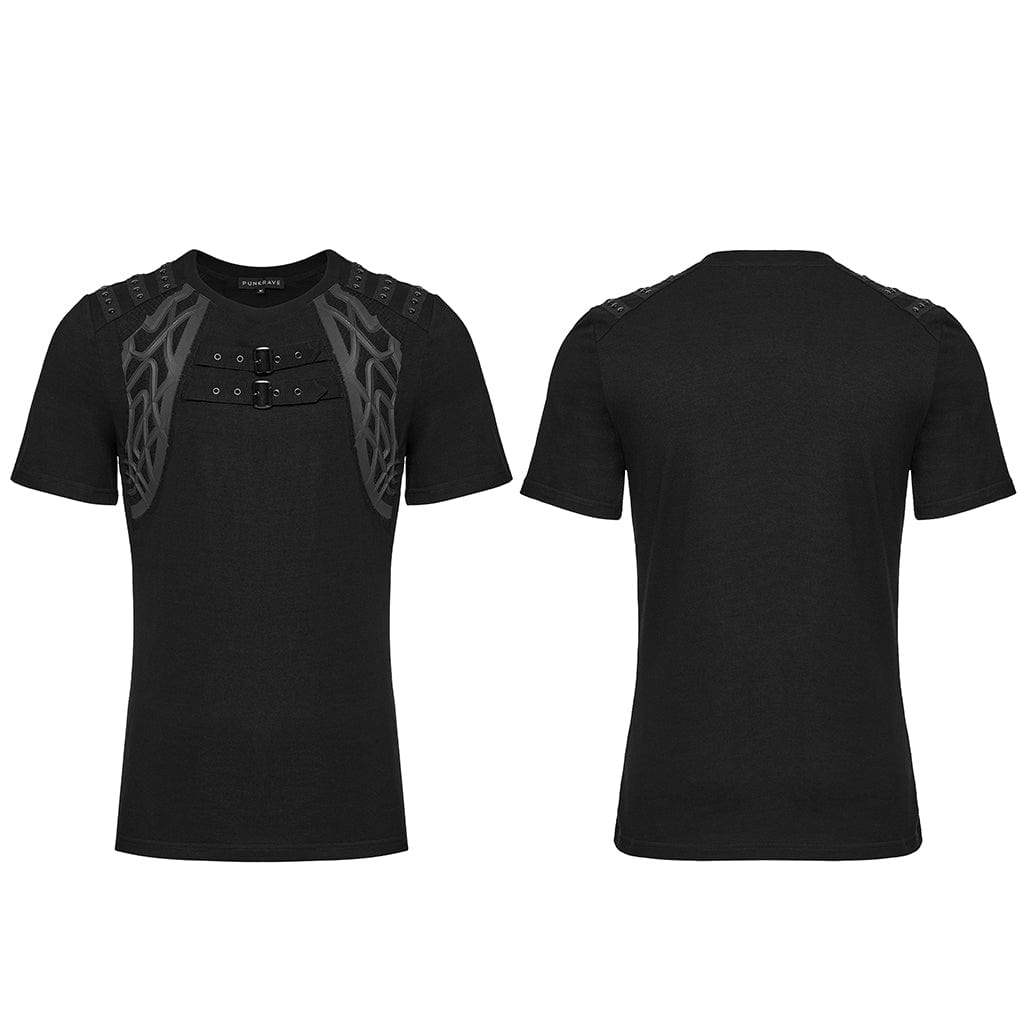 PUNK RAVE Men's Cyberpunk Studded Buckle Strap T-shirt