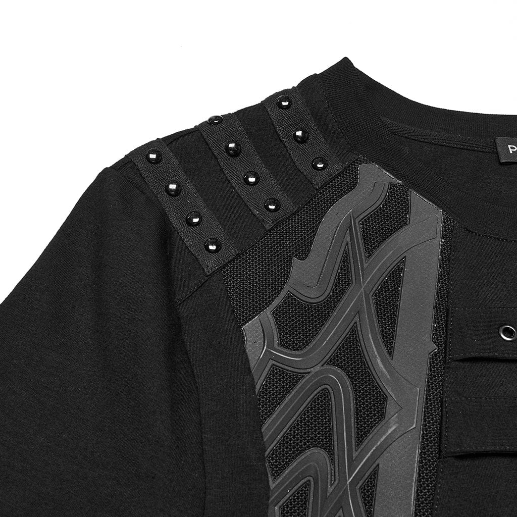 PUNK RAVE Men's Cyberpunk Studded Buckle Strap T-shirt