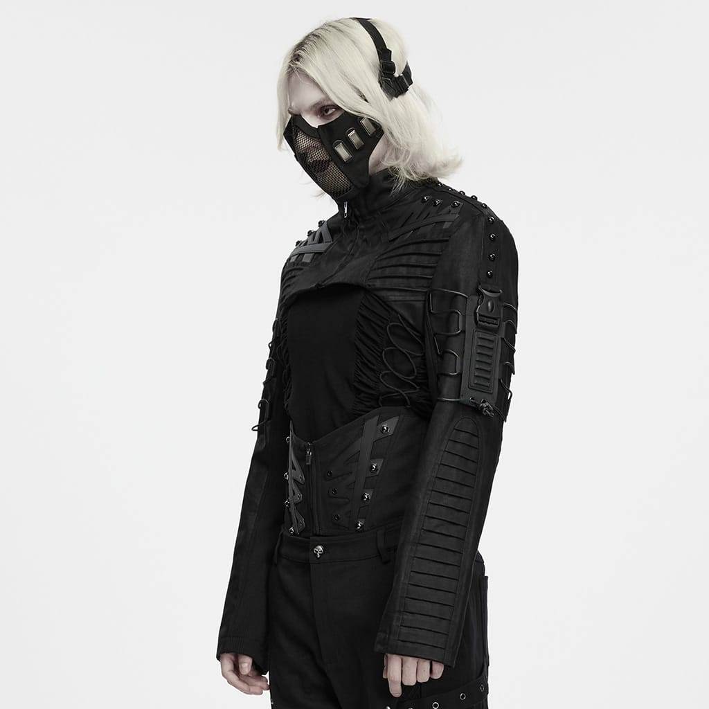 PUNK RAVE Men's Cyberpunk Studded Pleated Stand Collar Short Jacket