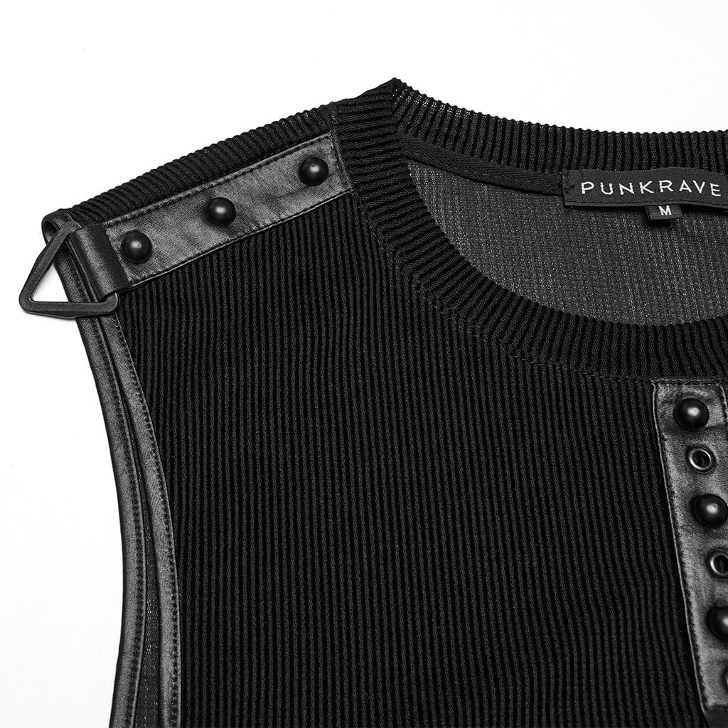PUNK RAVE Men's Cyberpunk Studded Sheer Mesh Vest Black