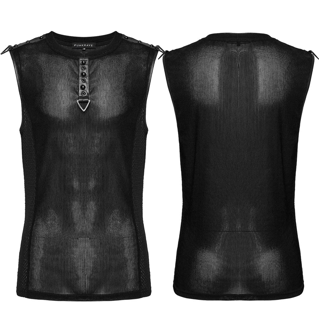 PUNK RAVE Men's Cyberpunk Studded Sheer Mesh Vest Black