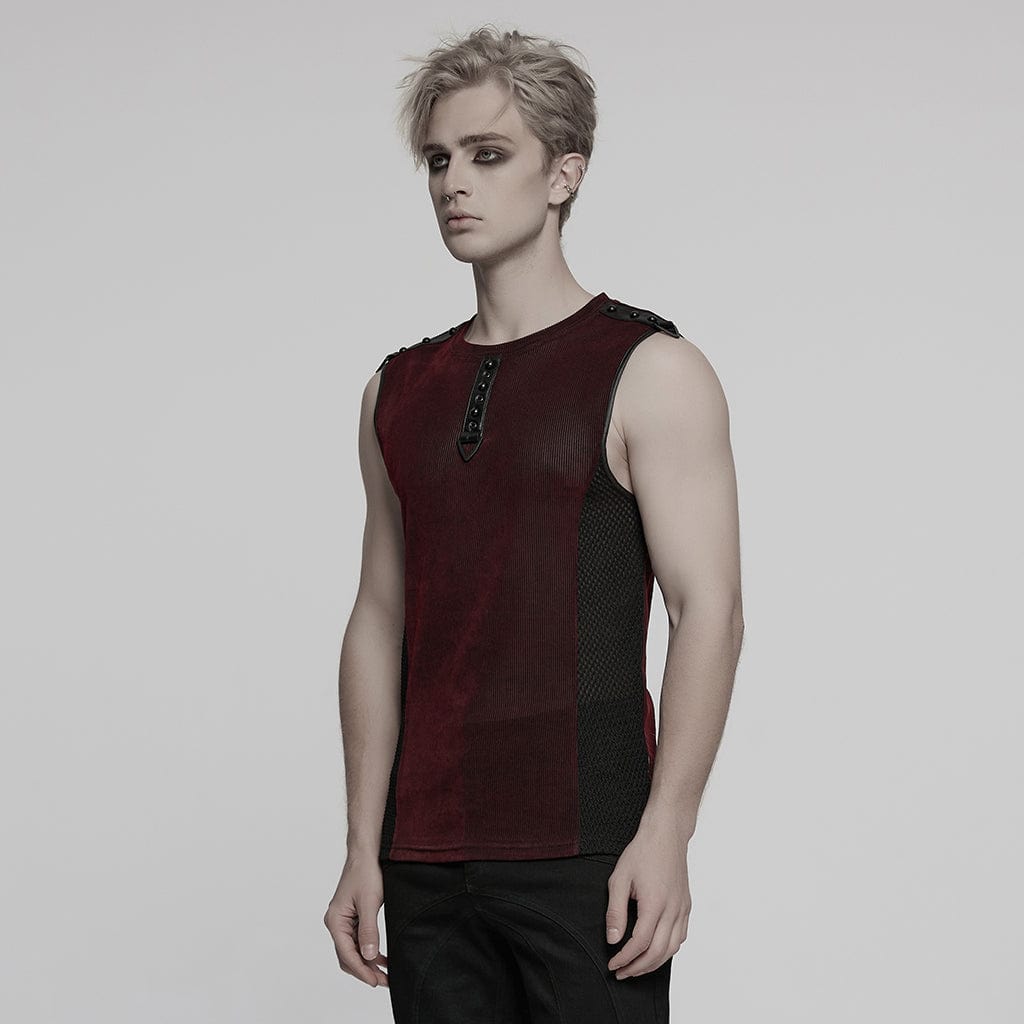 PUNK RAVE Men's Cyberpunk Studded Sheer Mesh Vest Red