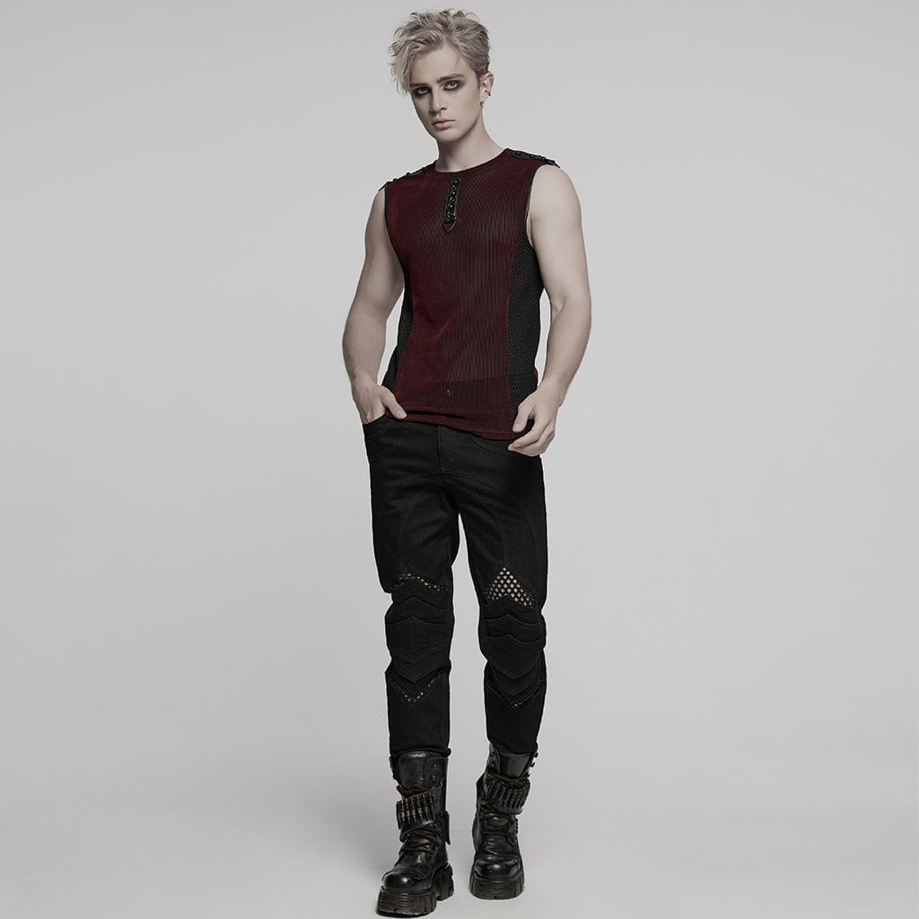 PUNK RAVE Men's Cyberpunk Studded Sheer Mesh Vest Red