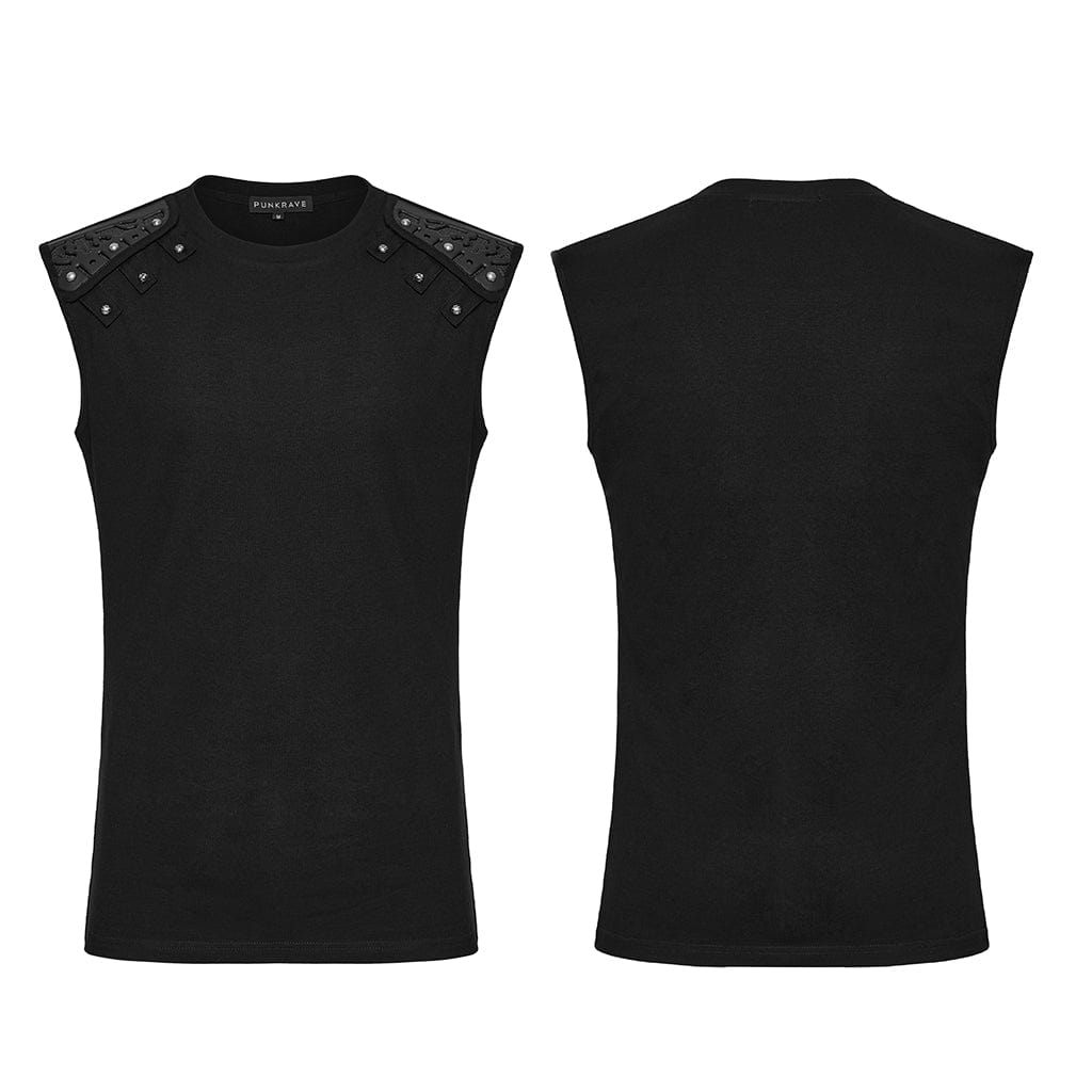PUNK RAVE Men's Cyberpunk Studded Shoulder Patched Vest