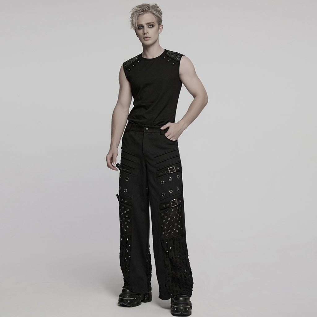 PUNK RAVE Men's Cyberpunk Studded Shoulder Patched Vest