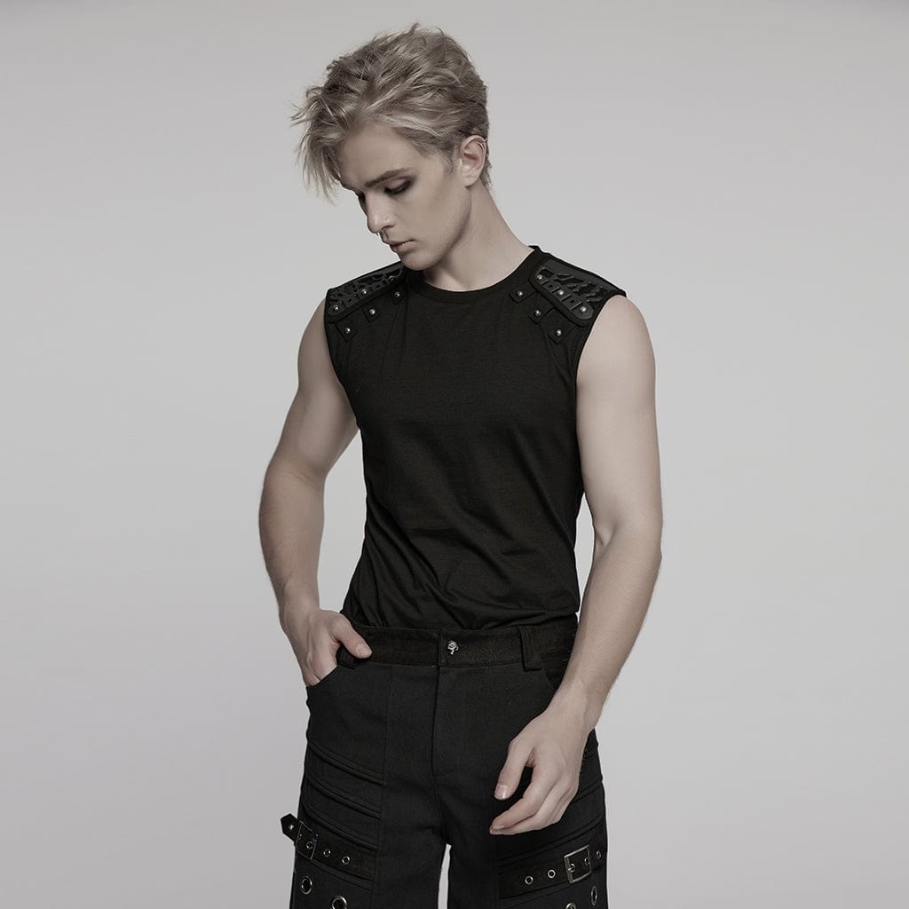 PUNK RAVE Men's Cyberpunk Studded Shoulder Patched Vest