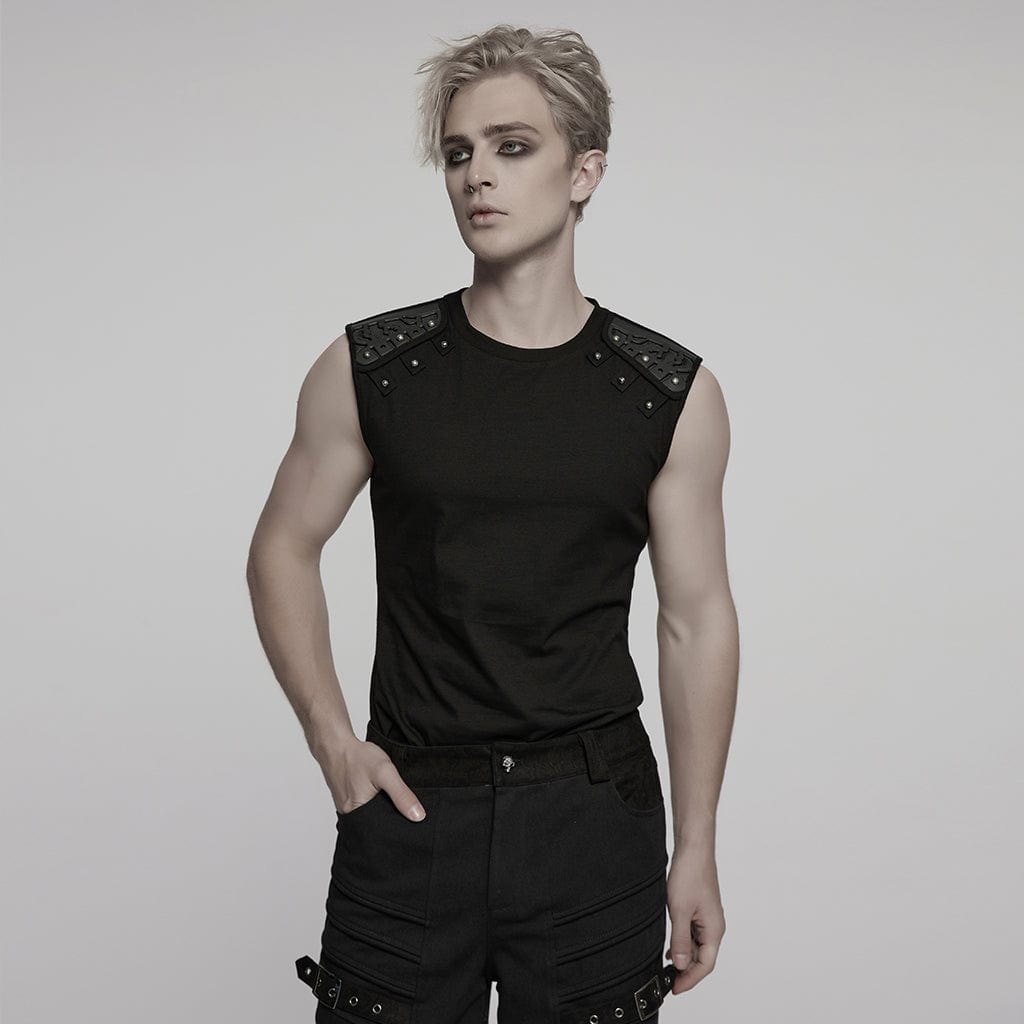 PUNK RAVE Men's Cyberpunk Studded Shoulder Patched Vest