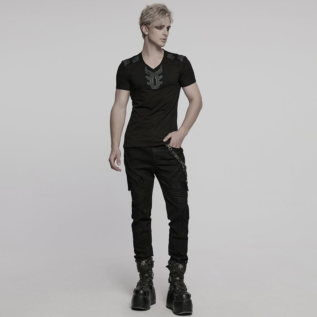 PUNK RAVE Men's Cyberpunk V-neck Rubber Patched T-shirt