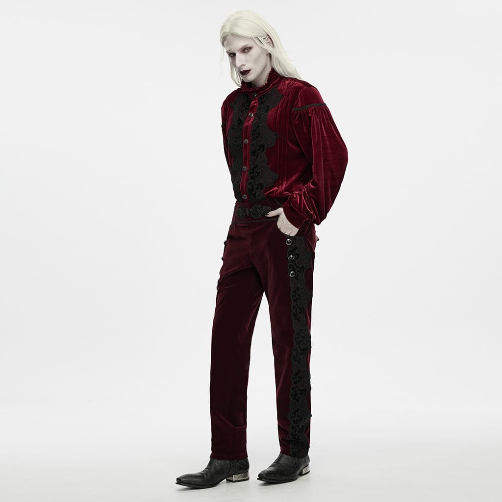 PUNK RAVE Men's Gothic Applique Lace-up Side Zipper Pants Red