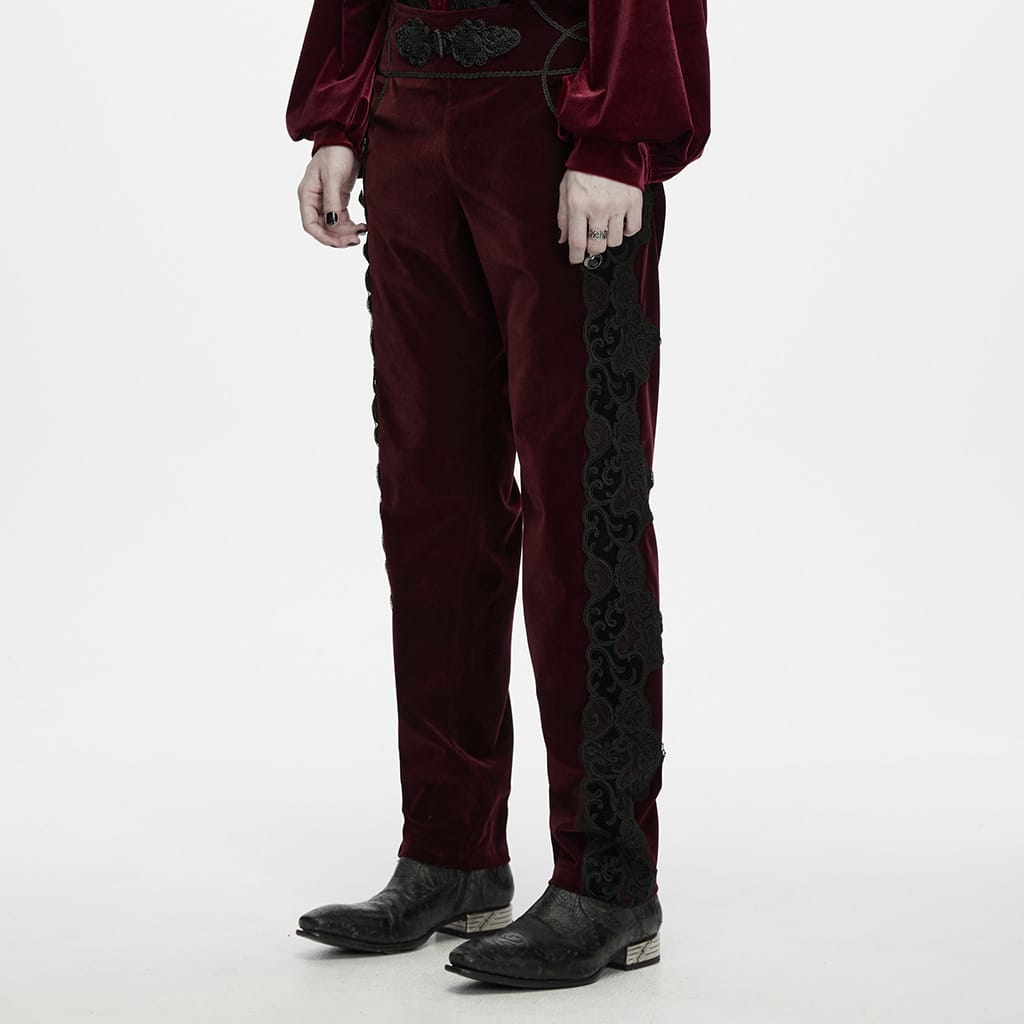 PUNK RAVE Men's Gothic Applique Lace-up Side Zipper Pants Red