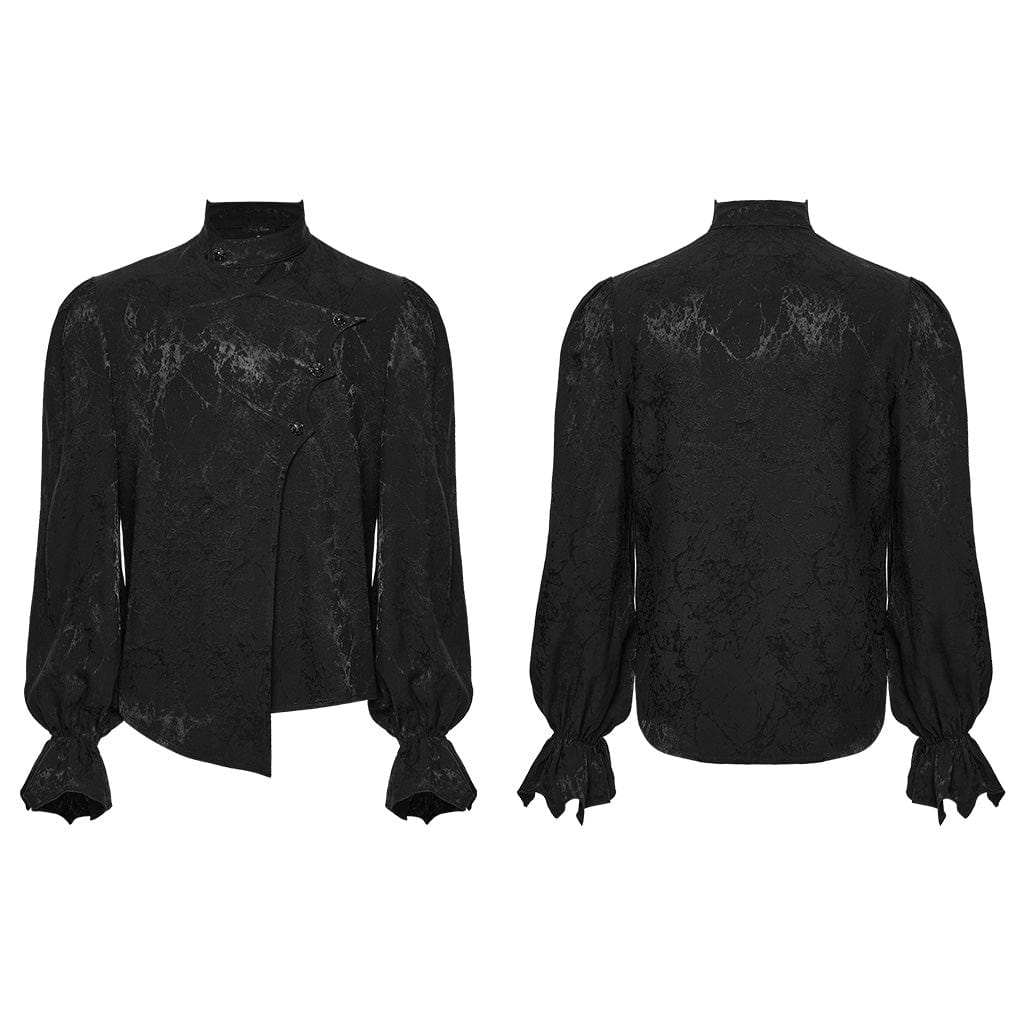 PUNK RAVE Men's Gothic Asymmetric Printed Puff Sleeved Shirt Black