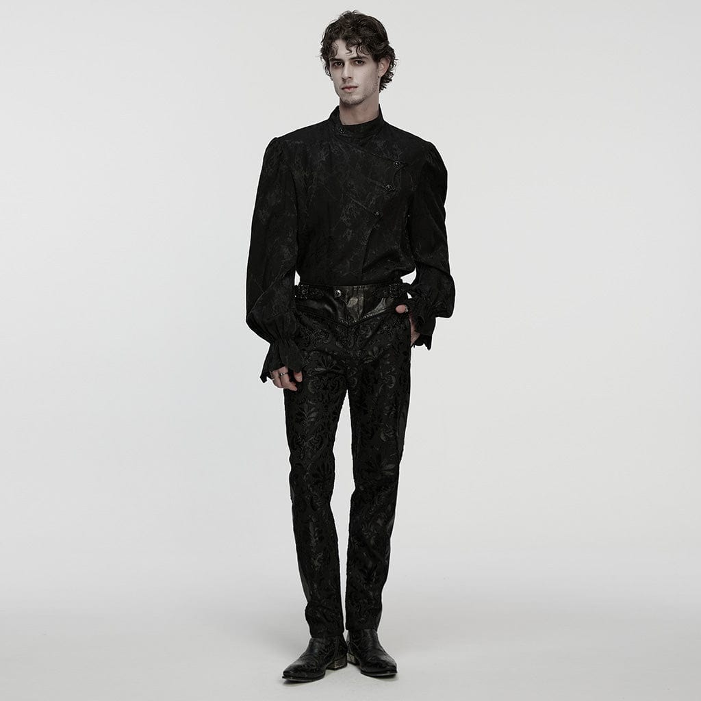 PUNK RAVE Men's Gothic Asymmetric Printed Puff Sleeved Shirt Black