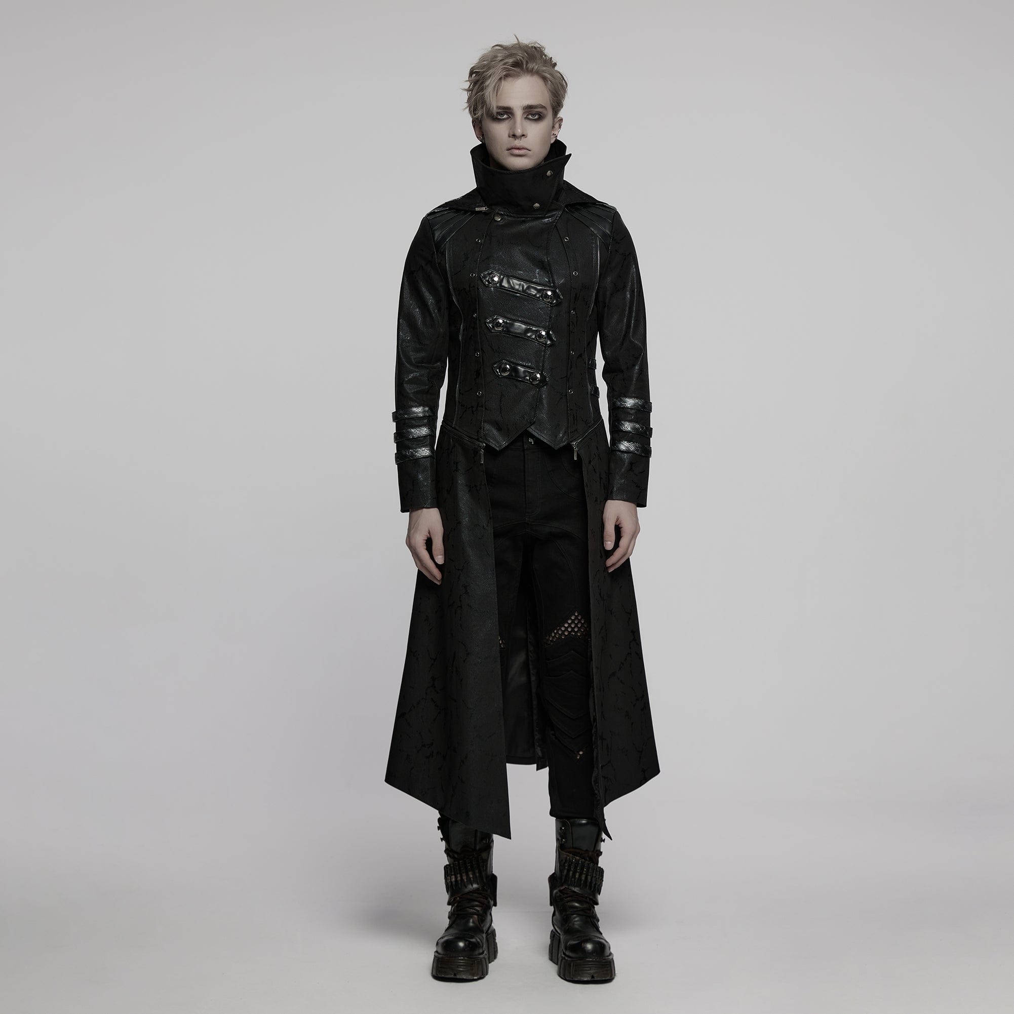PUNK RAVE Men's Gothic Black Stretch Twill Fabric Chef Faux Leather Coat