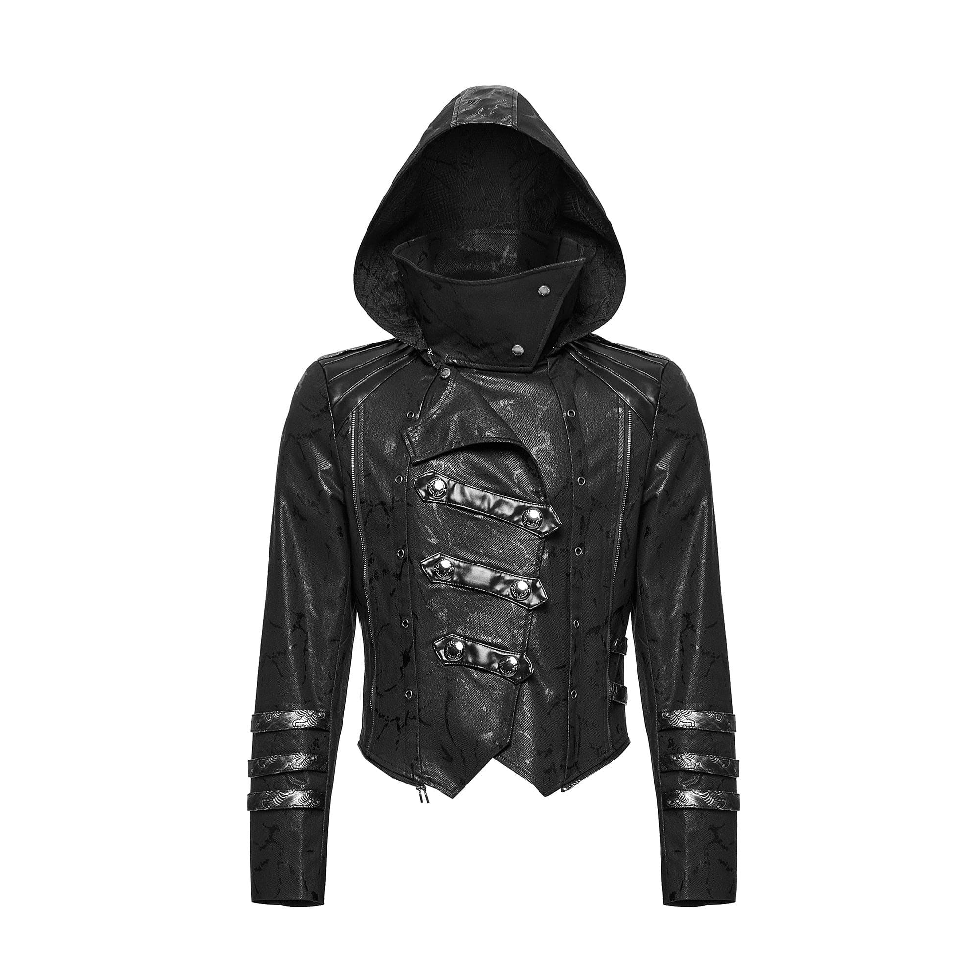 PUNK RAVE Men's Gothic Black Stretch Twill Fabric Chef Faux Leather Coat