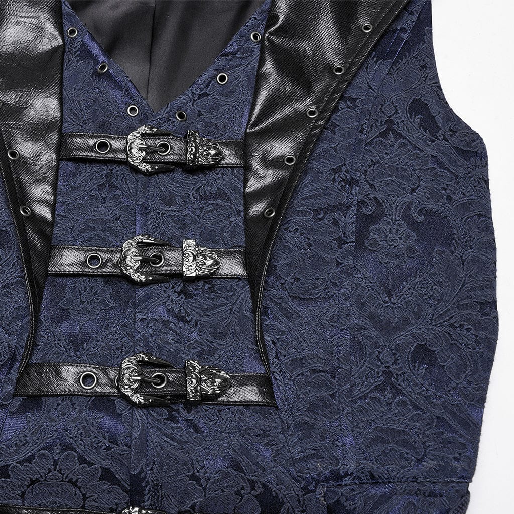 PUNK RAVE Men's Gothic Buckle Batlike Jacquard Vest Blue