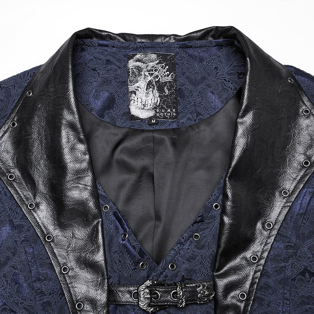 PUNK RAVE Men's Gothic Buckle Batlike Jacquard Vest Blue