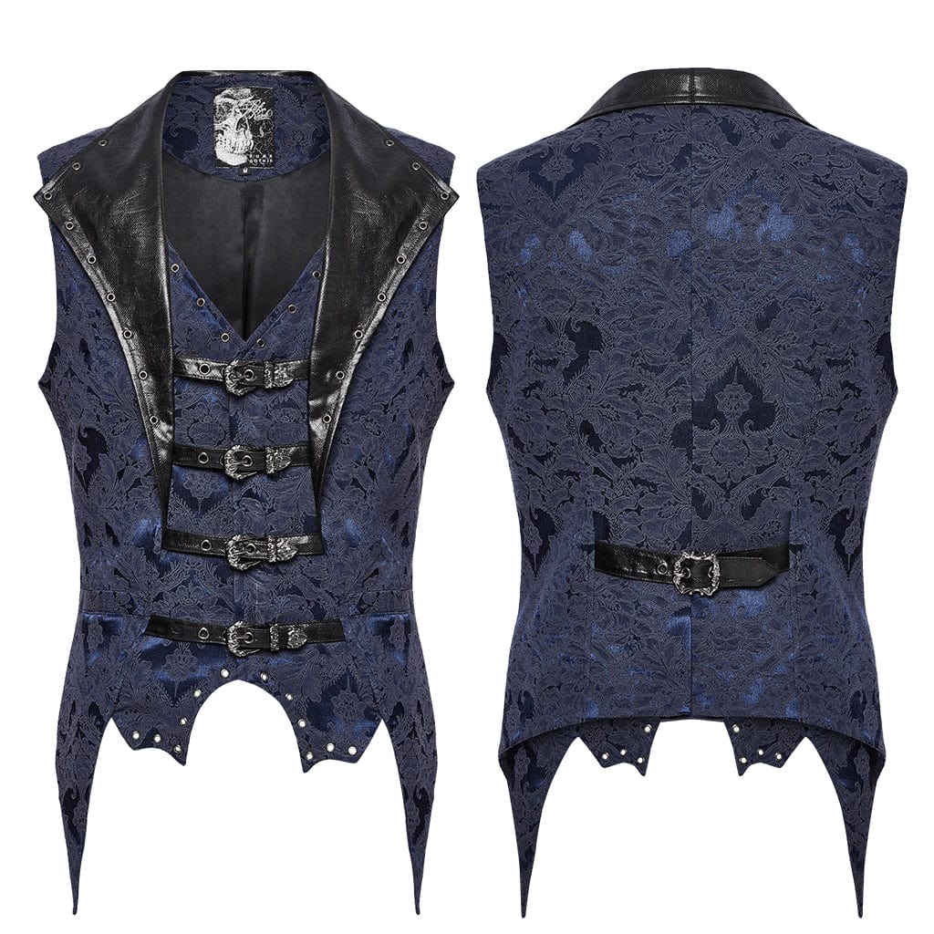 PUNK RAVE Men's Gothic Buckle Batlike Jacquard Vest Blue