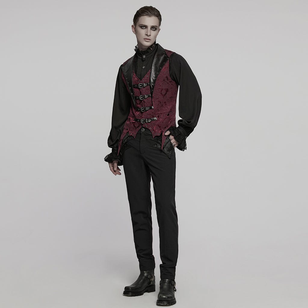 PUNK RAVE Men's Gothic Buckle Batlike Jacquard Vest Red