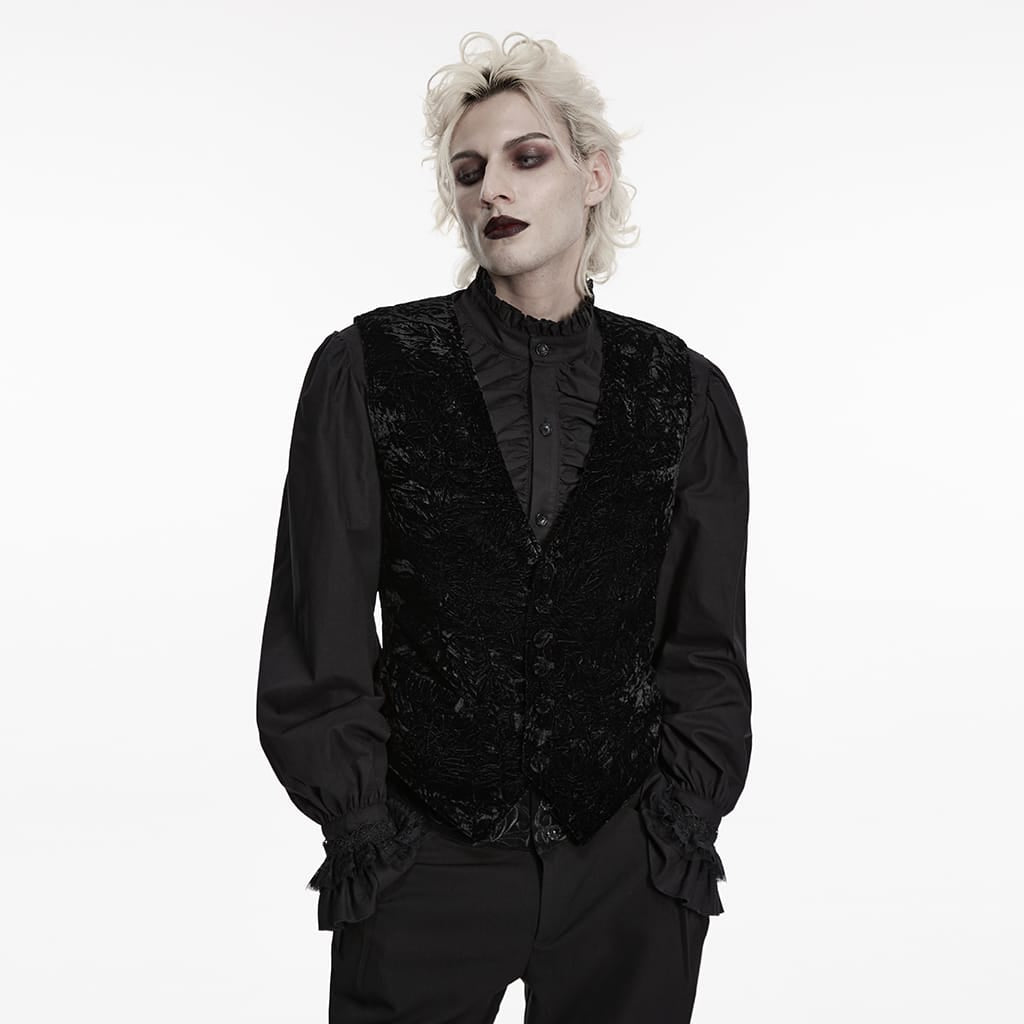 PUNK RAVE Men's Gothic Buckle-up Strap Retro Velvet Waistcoat Black