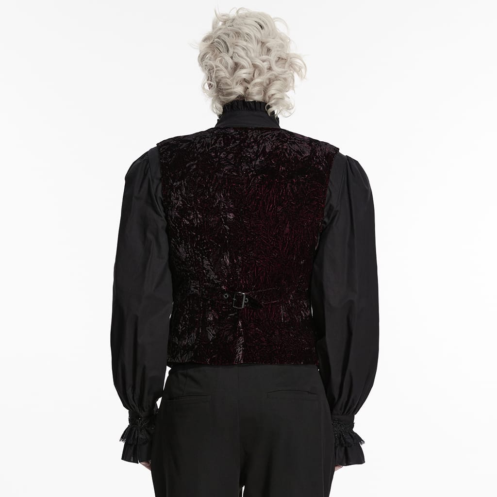 PUNK RAVE Men's Gothic Buckle-up Strap Retro Velvet Waistcoat Black-Red
