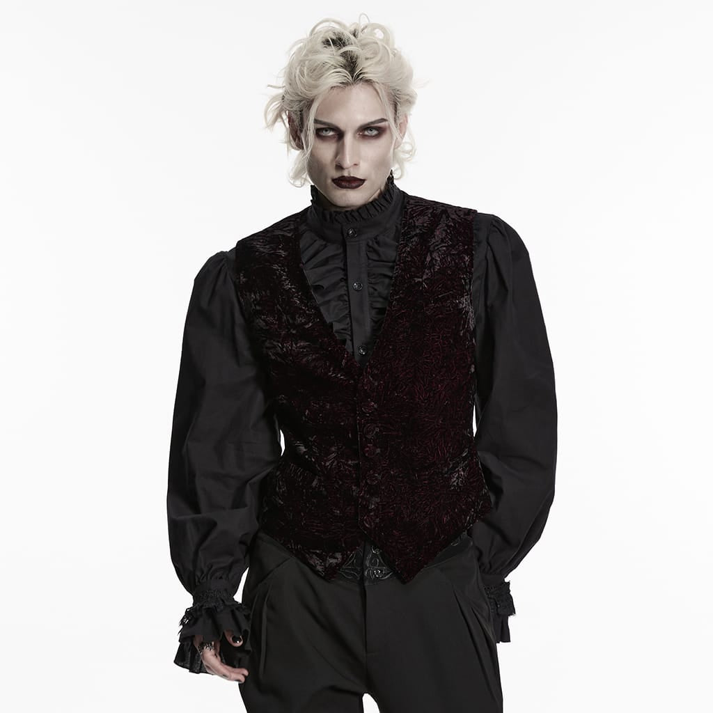 PUNK RAVE Men's Gothic Buckle-up Strap Retro Velvet Waistcoat Black-Red