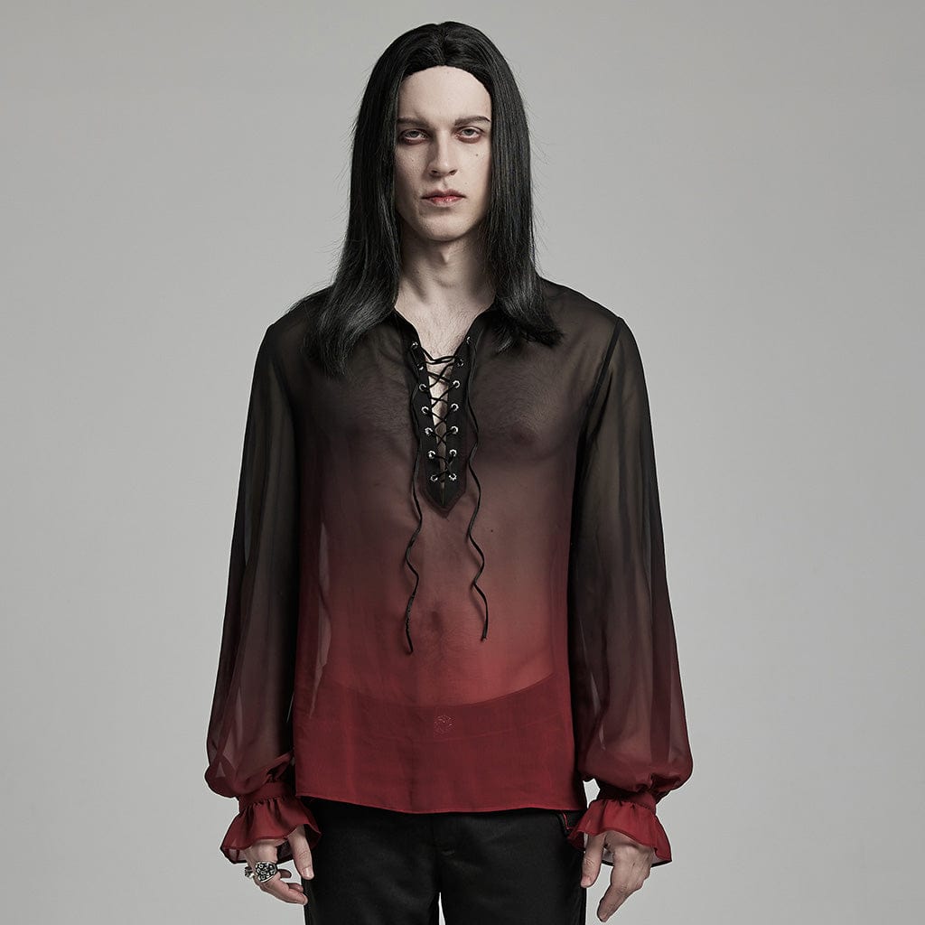 PUNK RAVE Men's Gothic Color Gradient Lace-up Sheer Chiffon Shirt