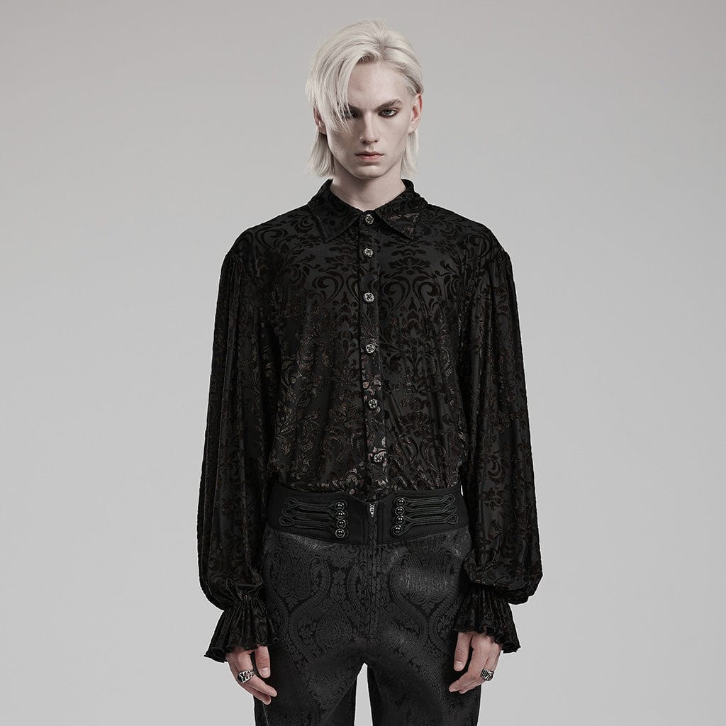 PUNK RAVE Men's Gothic Dark Gold Printed Flare Sleeved Shirt